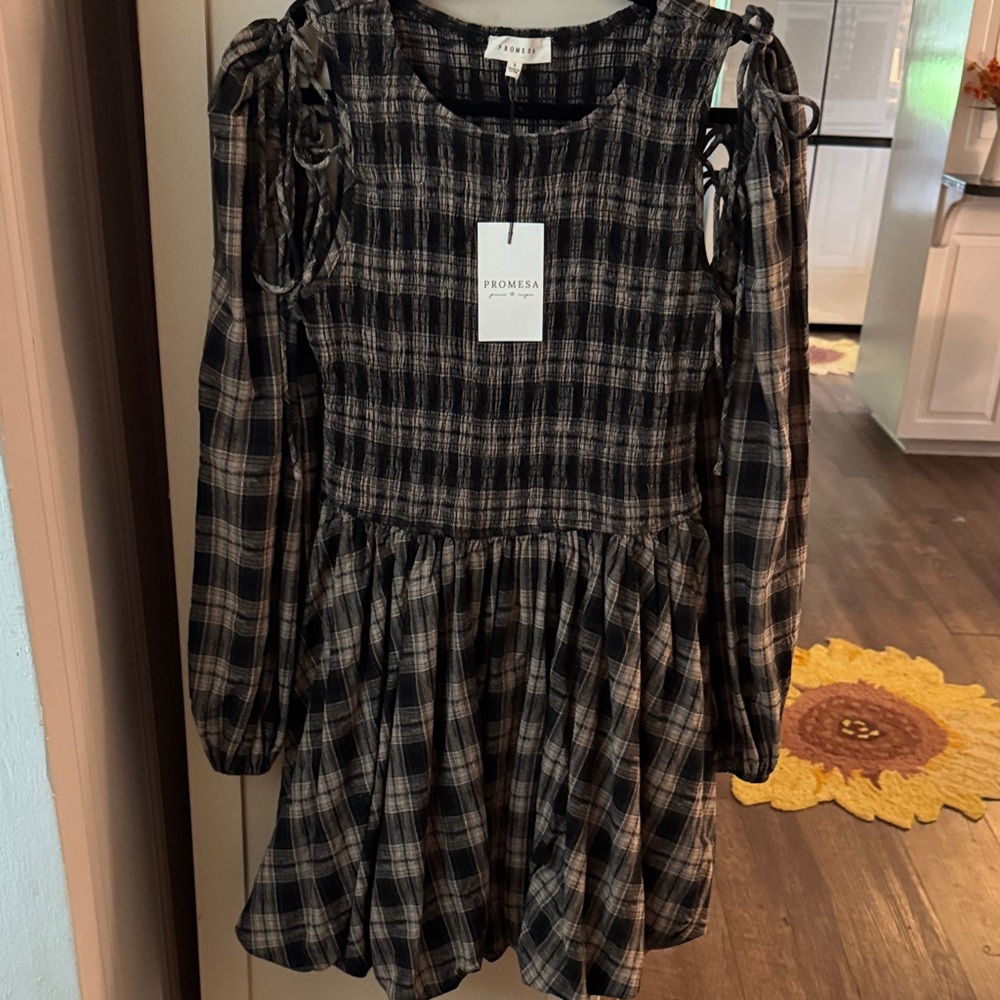 Promesa Black and Tan Plaid Long Sleeve Tie-Shoulder Dress